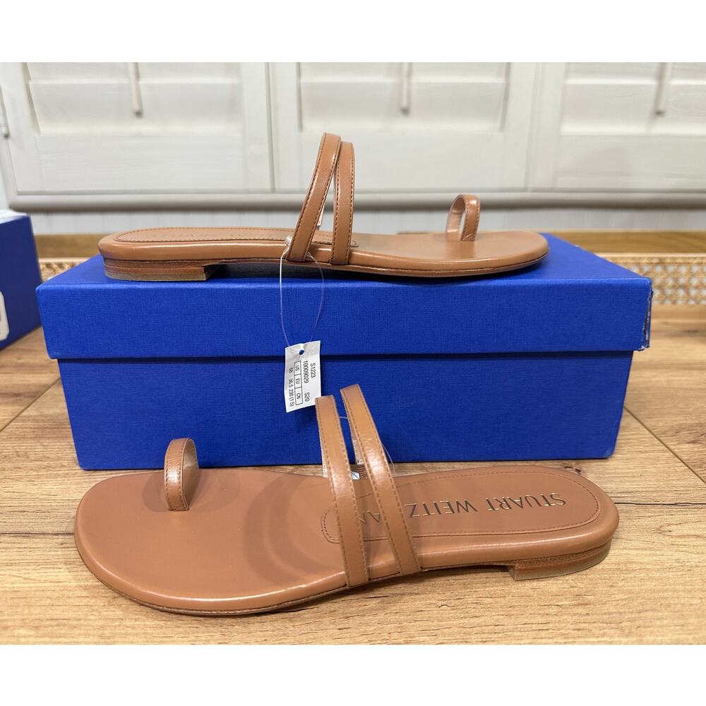 Stuart Weitzman Leonita Slide Sandal Tan Smooth Calf Leather Size 6 NIB Timeless - Picture 9 of 15